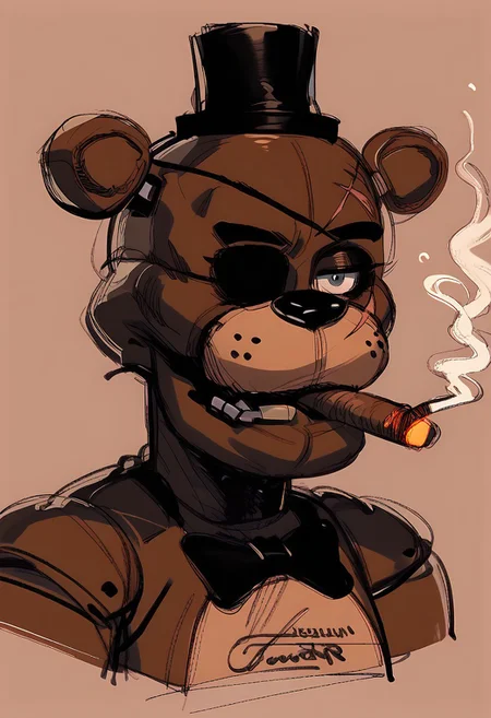 , close up portrait, (smoking :1.1) (cigar:1.1), scar over eye, , tired, (eyepatch:1.1), simple pencil sketch, spot color, bodysuit , yoji_shinkawa, score_8_up, score_7_up, score_6_up, freddy