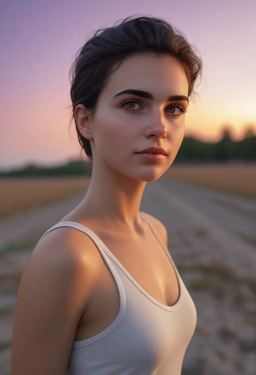 30yo american woman in a wheat field
Small eyes. Brown eyes.
Wearing white tank top. no makeup. Clear skin. realistic skin style
Long dark black slick back hair. No makeup. Dusk, Street light. Looking at camera POV. Slight smile, tilting head.. Tilt head. Hands in head, face, lips.
Medium Close Up shot. Bokeh. Heavy Bokeh light. Dawn. yellow, red, purple orange. sky.
