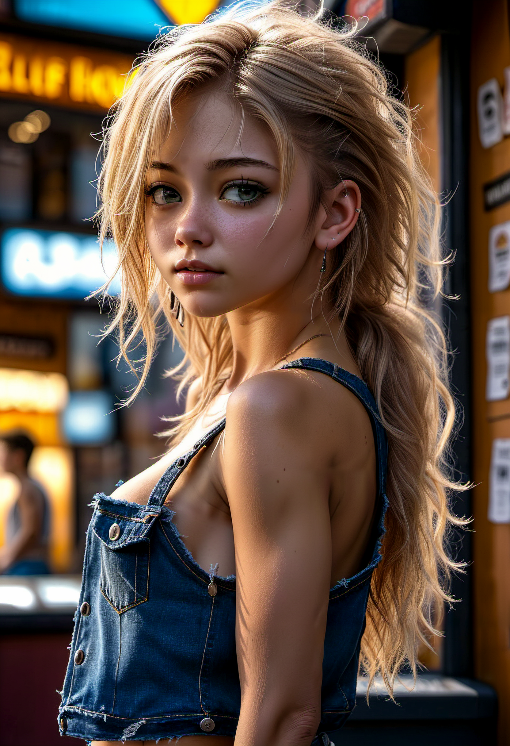 highly detailed, intricately detailed, 8k, HDR, vivid deep blacks, impactful, film grain, edgy, perfect face, sharp focus, (backlighting:1), photorealistic,

Closeup of a cute 22yo woman, torn jeans, blue tank top, alluring expression, messy shoulder-length soft blonde hair, shaved around ears on sides, standing at ticket window, impatient, slim attractive face, small eyes,

full body view,

<lora:MJ52:0.6>
