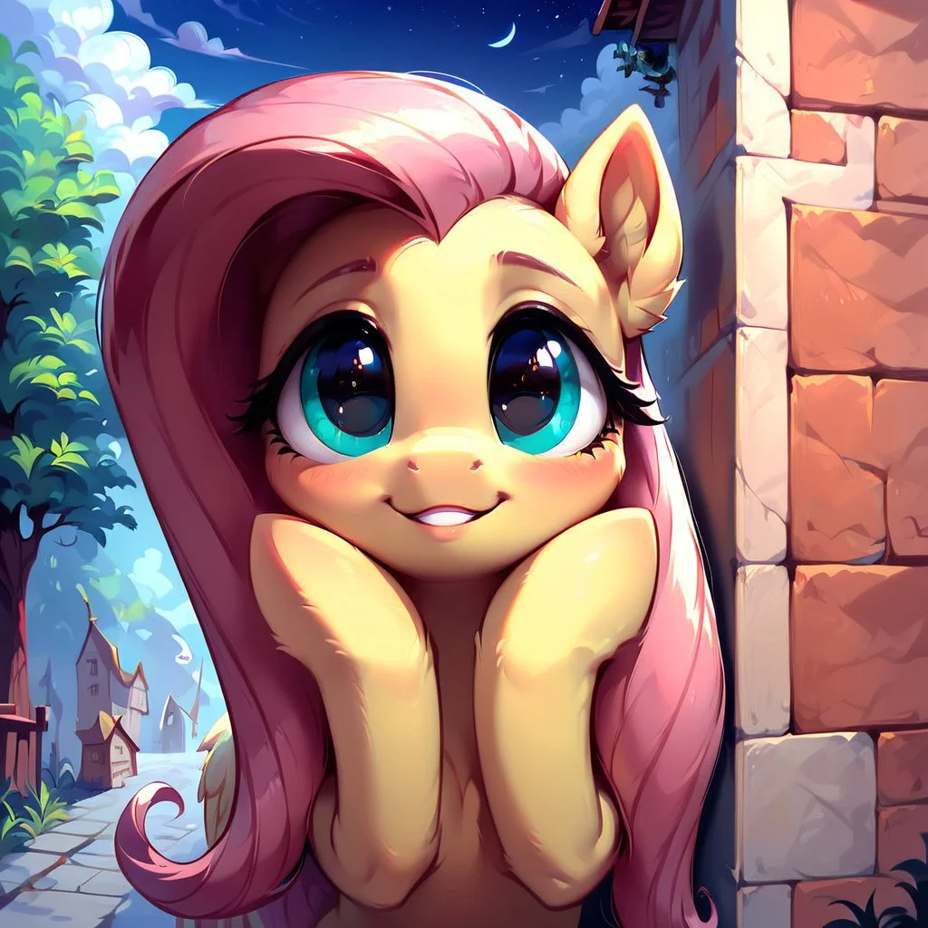 masterpiece, score_9, score_8_up, score_7_up, (best quality:1.1), ultra-detailed, high resolution, 1 girl, pony, highly detailed macro illustration, Fluttershy smiling, blushing, hands on face, Fluttershy, feral, female, mare, cute, night, long eyelashes, outside, (((beautiful detailed eyes))), Long eyelashes, fluffy, ear fluff, long eyelashes, (cornering), taking cover, spying, wall, Highly Visible, (((8k))), sharp focus, perfect lighting, anatomically correct, extremely detailed, shine on body, (in the mlp town), high detail, cute face, suspicious facial expression, Expressiveh, detailed background, OverallDetail, zPDXL2, <lora:Corneringv1:0.8>