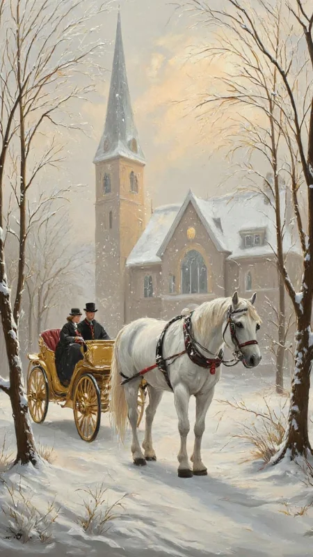 painting depicting a romantic, winter scene. In the foreground, a white horse with a flowing mane and tail is harnessed to an elegant, vintage carriage. The horse is depicted with a soft, detailed texture, showing its muscles and the subtle play of light on its coat. The carriage, with its gold trim and red ribbons, exudes a sense of luxury and nostalgia. Two people are seated inside the carriage; one wears a top hat and dark coat, while the other is dressed in a long coat and hat, adding to the historical feel.The background features a snow-covered, gothic-style church with a tall, pointed steeple, bathed in a warm, golden light from within. The church's architecture is intricate, with ornate details and a steeply pitched roof. Surrounding the church are bare trees, their branches silhouetted against the soft, misty backdrop. The overall color palette is muted, with tones of white, beige, and soft grays, enhancing the serene and wintery atmosphere. The texture of the snow and the soft, hazy effect in the background contribute to the dreamy, romantic ambiance of the scene., aidmaimageupgrader, aidmaMJ6.1