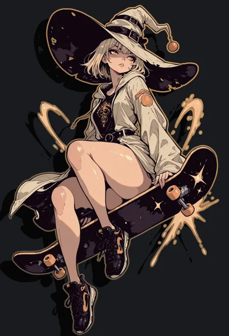 masterpiece, best quality, very aesthetic, detailed face, (dynamic:1.1), partial illumination, thick linework, illustration, 1girl, witch, (huge brimhat:1.1), mage, patched robes, streetwear, casting, platinum blonde hair, golden eyes, shadow, d41z3n, curvy, sitting on flying skateboard, city, spray paint, skater girl, fabric patches, teared clothes, 