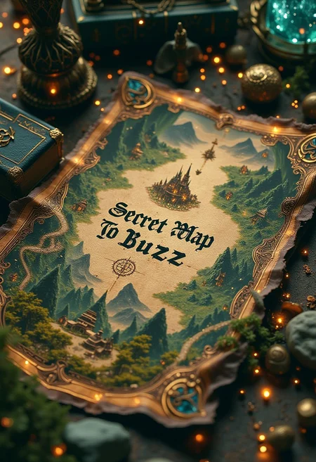 In a twilight realm of floating isles and crystal forests, a closeup of an ancient map with the text "Secret Map To Buzz" in dark cursive text, with tiny dots of light floating around it on an ancient ornate altar, ancient runes made of jewellery and stone, the map is very ornately decorated with a scene of a fantasy land with green forests and tall mountains, a small village in the bottom left corner, a castle in the top right corner, surrounded by tiny dots of light, The map is detailed with etchings of ancient text, the map is old and worn from time