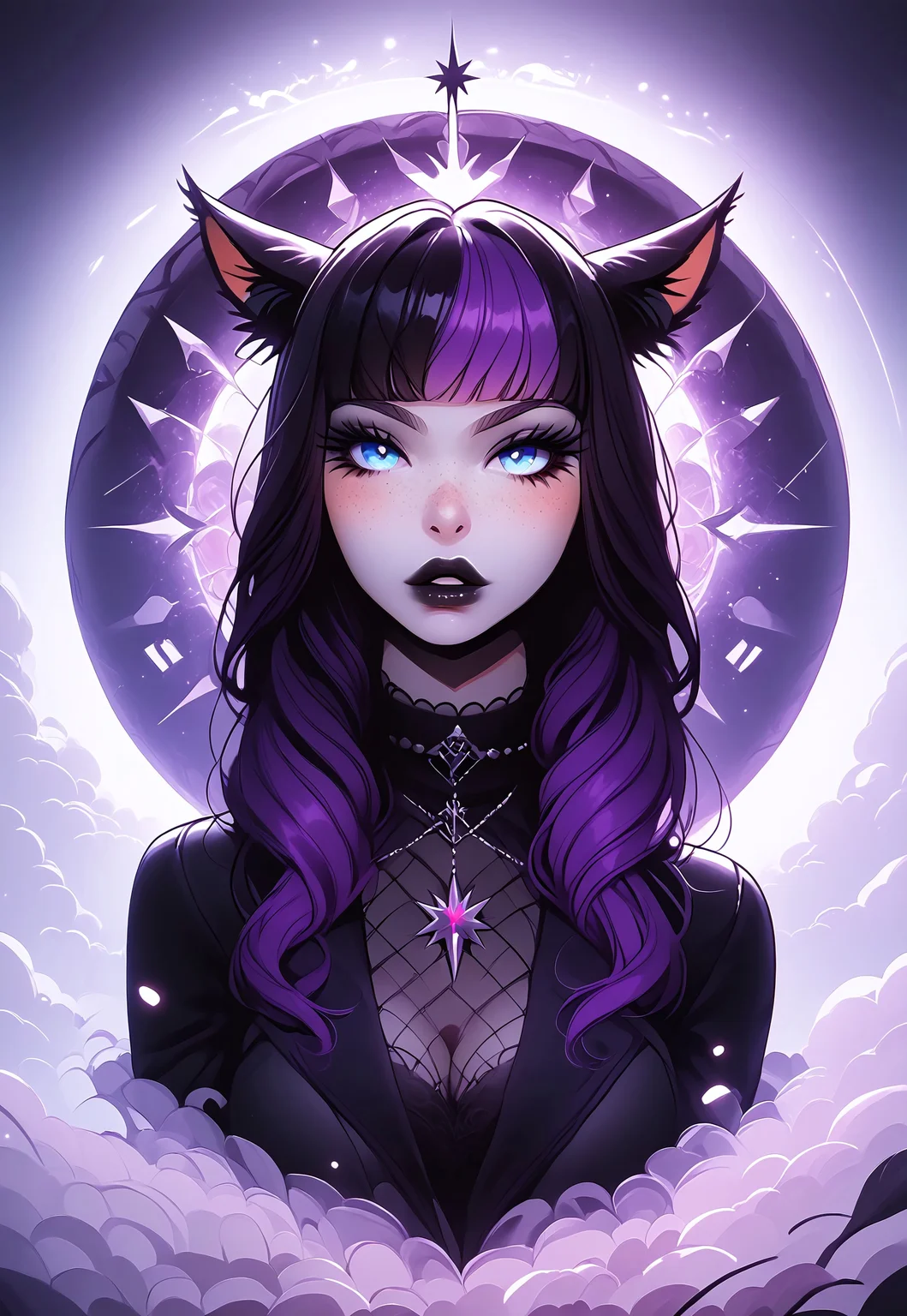 safe_pos, score_9,score_8_up,score_7_up,score_6_up, Goth girl 1girl, Goth girl, miqo'te, FemmeMiq, cat girl, cat ears, animal ears, animal ear fluff, ((woman with long black hair with purple highlights)), bangs, freckles, bold makeup, black lips, long eyelashes, eyeliner, ((large expressive blue eyes)), hourglass figure, medium breast, perky breast, perfect round ass, dark eyeliner, long eyelashes, dark pupils, high contrast shadows, high res image, masterpiece, dynamic shot, <lora:Expressive_H:0.65>, <lora:incase-ilff-v3-4:0.5> <lora:g0th1cPXL:0.45>, <lora:princess_pony_v1:0.1> <lora:Branwen_QBR:0.7>, high gradient eyes, eyesHD, dynamic pose, dynamic, detailed eyes, high definition eyes, amazing quality, wallpaper, looking at viewer, full body, goth clothes, choker, high shoes, fishnet, c4stl3, sc3n3ry, twilight,