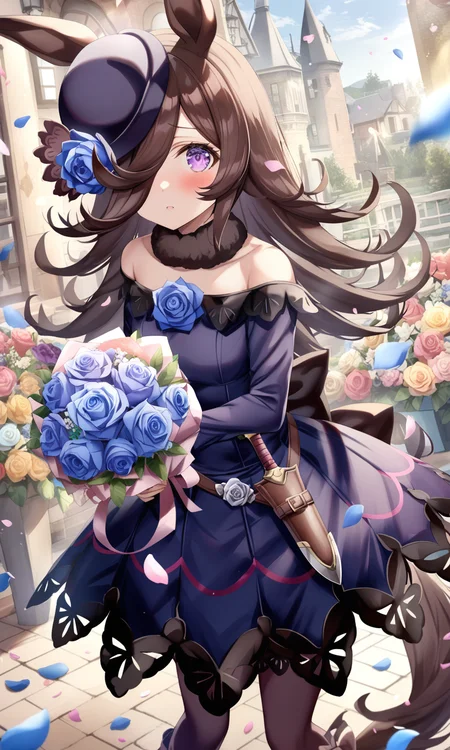 1girl, sensitive, rice shower, umamusume, solo, long hair, looking at viewer, blush, brown hair, long sleeves, dress, hat, holding, animal ears, purple eyes, flower, weapon, outdoors, off shoulder, hair over one eye, petals, rose, horse ears, horse girl, knife, horse blue flower, bouquet, off-shoulder dress, blue rose, holding bouquet