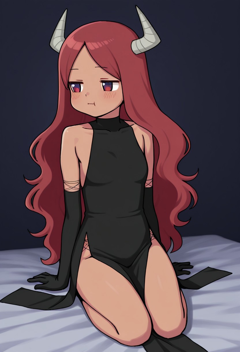 masterpiece, best quality, 32k, high resolution, absurdres, maou, oekaki, sleeveless shirt, side slit, gloves, sitting, pelvic curtain, collarbone, full body, black gloves, :t