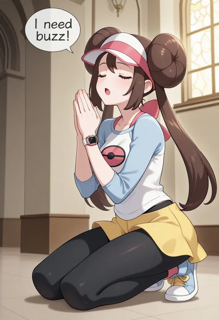masterpiece,best qualit,ultra-detailed,illustration,an extremely delicate and beautiful,beautiful detailed eyes,unity 8k wallpaper,high resolution,anime CG,official_art,anime_coloring, anime_screencap
, rosa (pokemon), brown hair, long hair, double bun, hair bun, donut hair bun, white shirt, raglan sleeves, poke ball print, visor cap, yellow shorts, black pantyhose, wristwatch, sneakers, close eyes, open mouth, praying, kneeling, church, dark, light, need_buzz, <((speech bubble, "i need buzz!" in the speech bubble))>