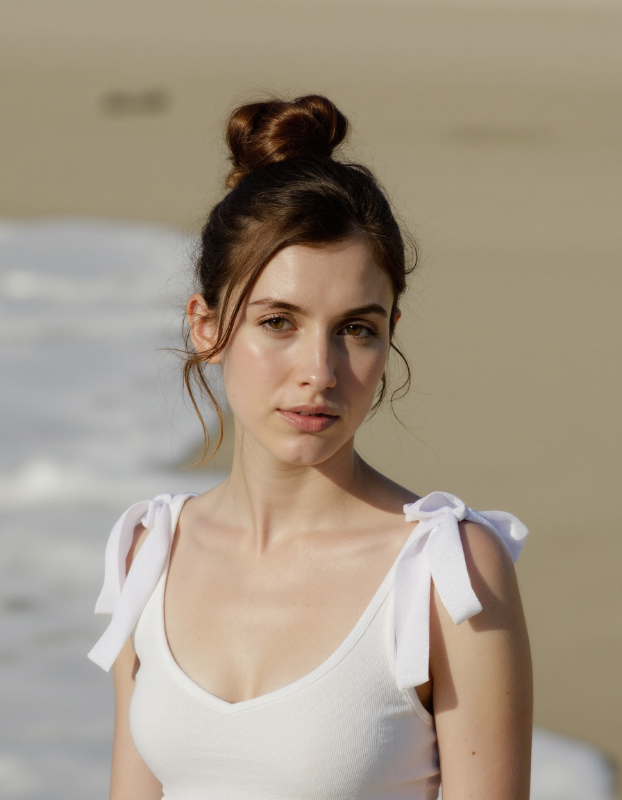 photo of an Italian woman with a white top with white bows and a bun in her hair standing on the beach, the background is sunny and overexposed, portrait photography, aaimage, aana_photo, aaphotos,  <lora:35mm_joycap:0.5> <lora:amateurphoto-6version:0.5> <lora:artisticanalogphotos:0.5> <lora:photooo-000001:0.5> <lora:Zphyr_FLUX_Photorealistic_LoRA:0.5> <lora:socmed_v2:0.5>