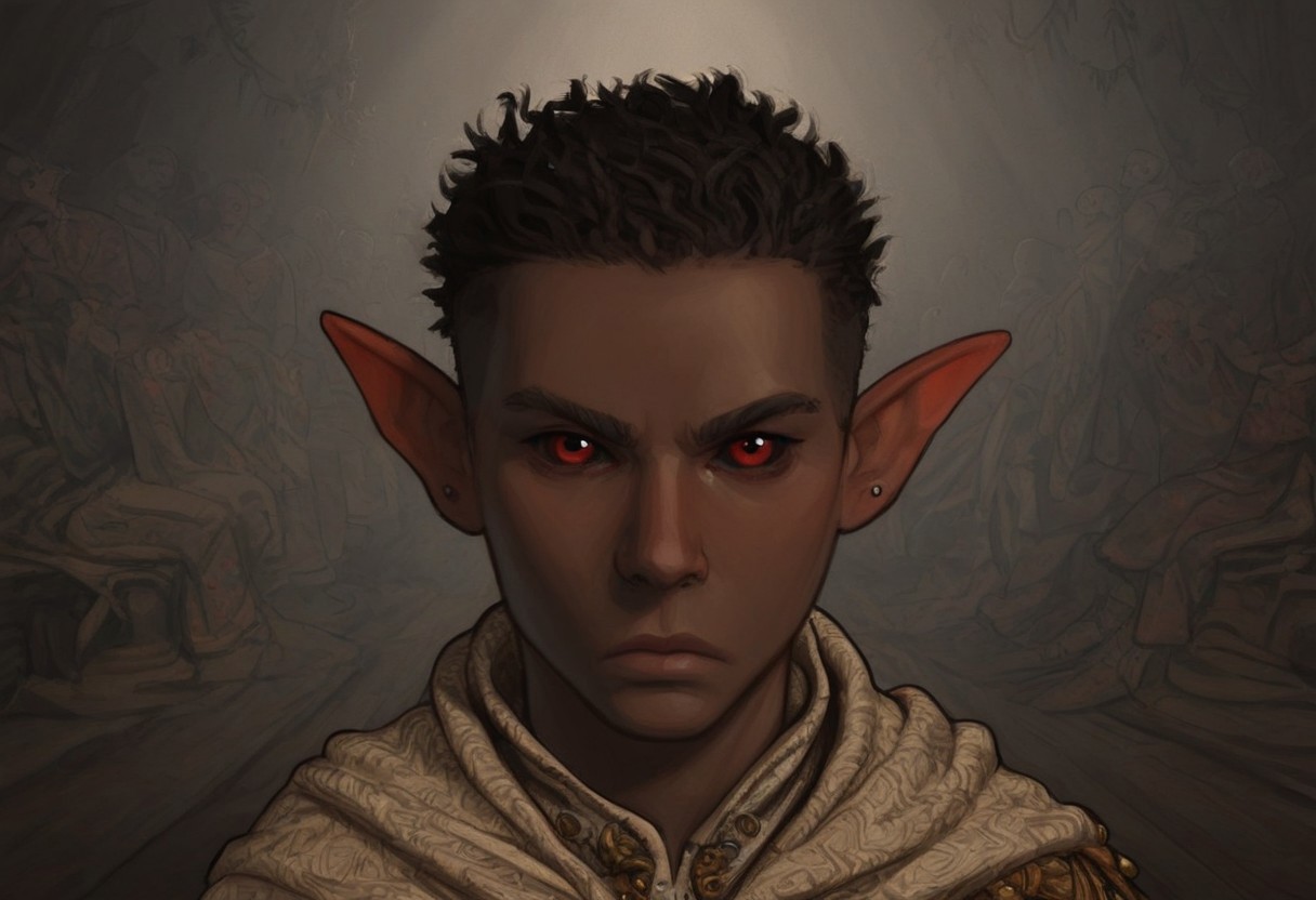 solo, short pointy ears, piercings, random elf face, aquiline features, male dark elf, masculine, medium dark skin, weathered skin, large nose, athletic build,  animated realism, zoomed out, Syrian features, torso, brass pipes and gears, intricate architecture, dwarven masonry, dwemer fixtures, white-green light, gloomy lighting, ancient ruins, interior, stone tiled floor, grey-blue skin, mahogany and ivory clothes, medium armor, bone plate armor, ivory straps and fittings, grey wood neckguard, dark red sclera, black pupils, distant mushroom forest, blue-green light, neon, highly detailed, defined features, looking at viewer, three quarters view, from front, dynamic lighting, 36 years old, light and shadows, patterned cloth, annoyed expression, expressive eyes, detailed medieval clothes, cropped hair, wavy hair, thick hair, beaded hair, braided hair, under cut hair, semirealistic, alien elf, spanish features, jewish features, black hair, dark red hair, umber skin, sharp features, pastel green berber print cloak, nighttime, high detail, absurdres, pretty eyes, detailed eyes, red eyes,