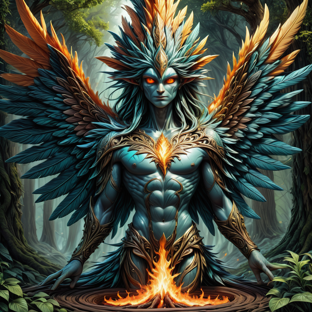 hyper detailed masterpiece, dynamic, awesome quality,LoromXL_Druidic_Naturalism,
dryad, mythical powerful bird, in flames, vibrant colors,, large and majestic wings long flowing tail feathers, resplendent radiant plumage immortality, renewal, rebirth, self immolate   <lora:LoromXL_Druidic_Naturalism:1>