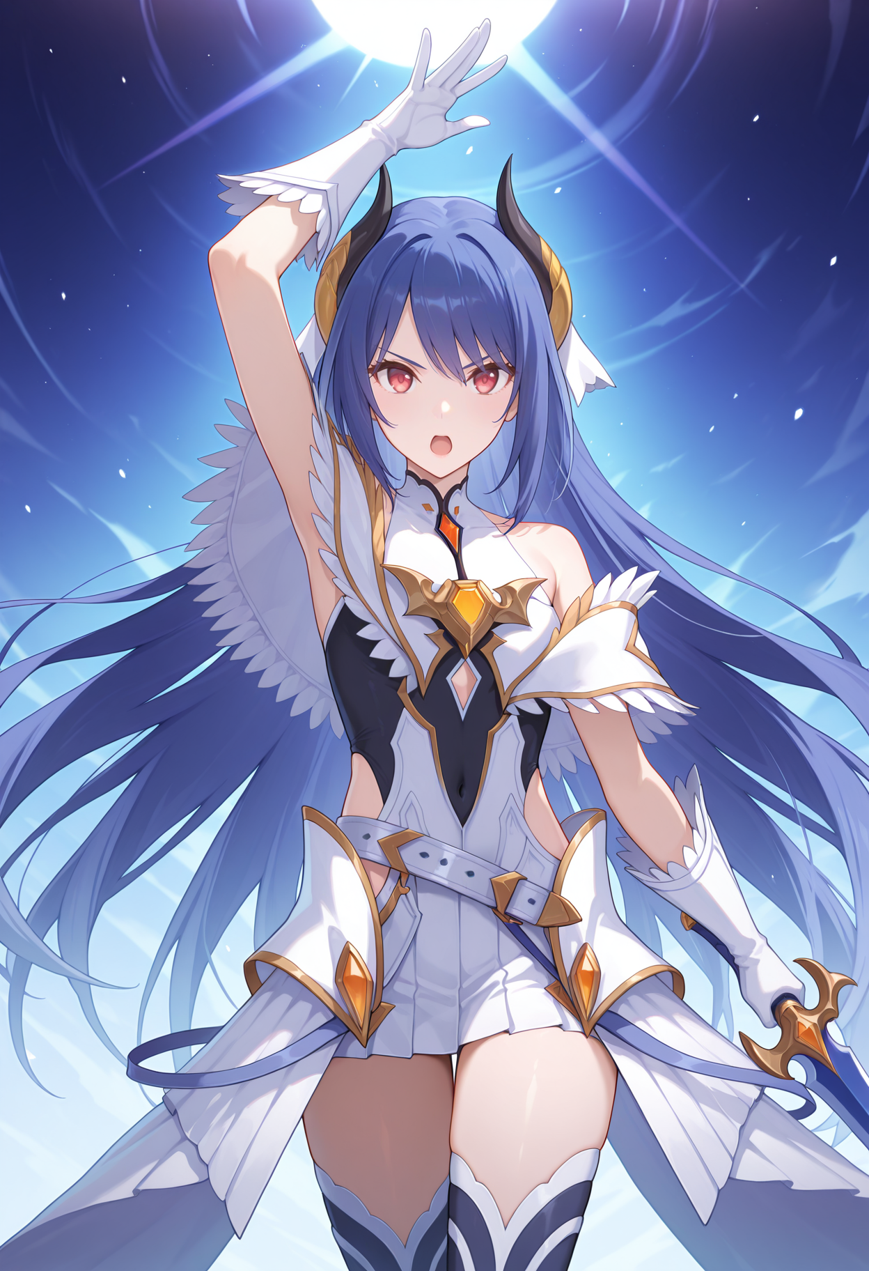 highres, best quality, masterpiece,
1girl, solo, pcrrei, very long hair, blue hair, demon horns, red eyes,
reipform, hair ornament, white dress, two-tone dress, white capelet, bare shoulders, chest jewel, cutout above navel, hip vent, white belt, white skirt, white gloves, thighhighs,
looking at viewer, serious, open mouth,
standing, arm up, henshin, holding sword, left-handed, 
<lora:_rei_pcr-elesico-ilxlAb:1>
