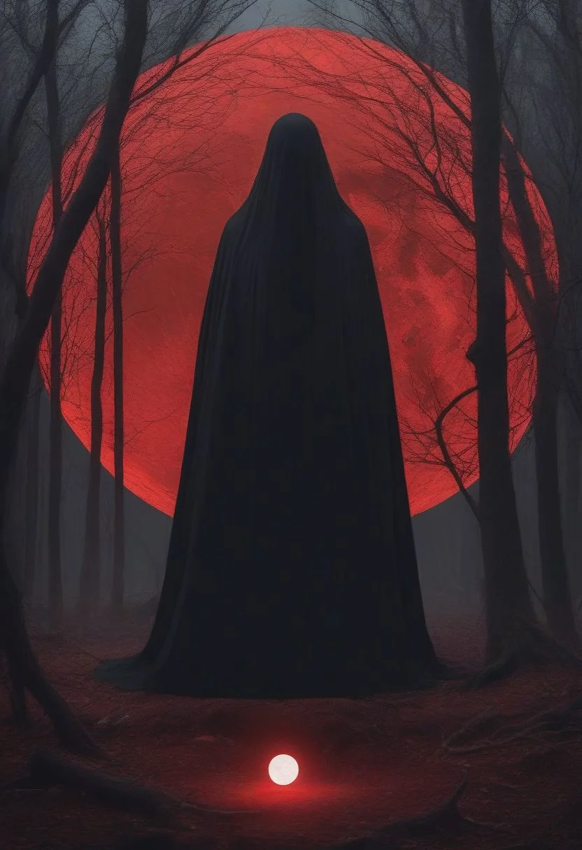 epiCPhoto, (bulky design), ((mechanical body, no face, fully white body)), 2 arms, night, detailed background, realistic, black cloak, (red face veil covering face), dark background, red moon in background, standing in forest, ritual circle