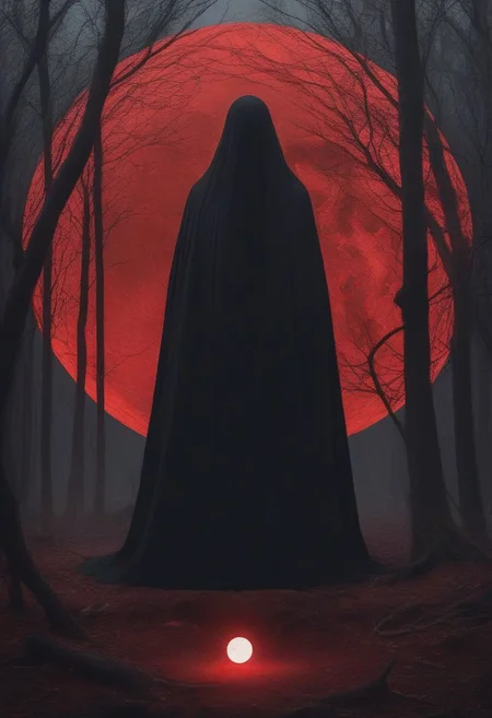 epiCPhoto, (bulky design), ((mechanical body, no face, fully white body)), 2 arms, night, detailed background, realistic, black cloak, (red face veil covering face), dark background, red moon in background, standing in forest, ritual circle