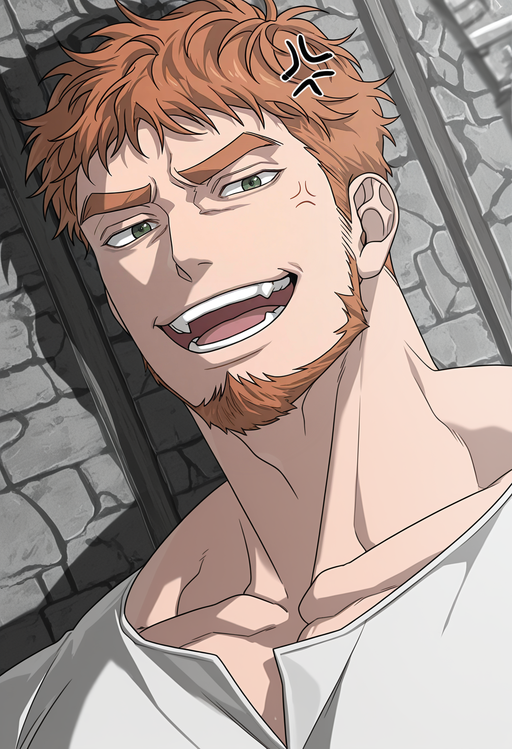 <lora:Hebaron_Nirta_Under_the_Oak_Tree:1>,
1boy,hebar0n,orange_hebar0n_hair,green_hebar0n_eyes,bara,muscular male,male focus,mature male,solo,
portrait,white shirt,
facing viewer,looking at viewer,smile,angry,shouting,open mouth,furrowed brow,anger vein,high contrast,
dynamic action,
masterpiece,best quality,newest,absurdres,anime screencap,intricate details,very awa,highres,perfect proportions,perfect eyes,very aesthetic,
shadow,dynamic angle,dynamic action,atmospheric perspective,intricate lighting,intricately detailed illustration,depth of field
