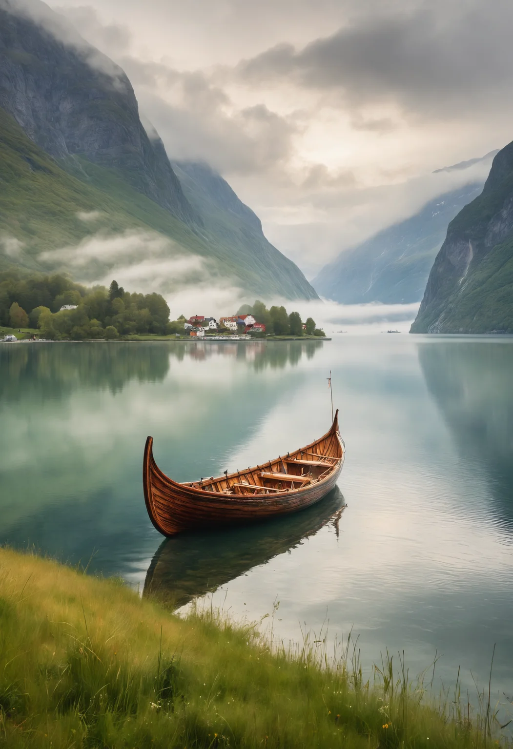 8k breathtaking view of a shored Viking Boat laying on grass, Njardar (Sognefjord) , milky haze, morning lake mist, masterpiece, award-winning, professional, highly detailed in yvonne coomber style, undefined