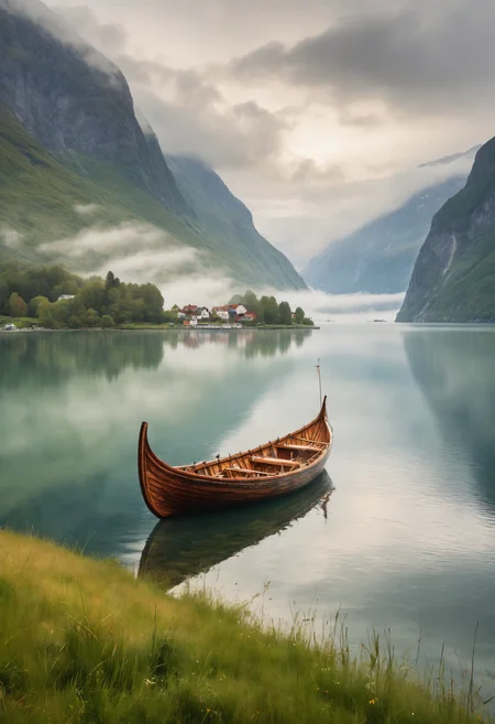 8k breathtaking view of a shored Viking Boat laying on grass, Njardar (Sognefjord) , milky haze, morning lake mist, masterpiece, award-winning, professional, highly detailed in yvonne coomber style, undefined