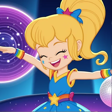 score_9, solo, 1girl, rb2014, rainbow motif, blonde hair, ponytail, open smile, closed eyes, crazy dancing, close up, star (symbol), detailed face, dress, child, traditional media, official screencap, retro artstyle, indoors, disco ball, rainbow lights, light fog, disco, <lora:rb2014:1>,