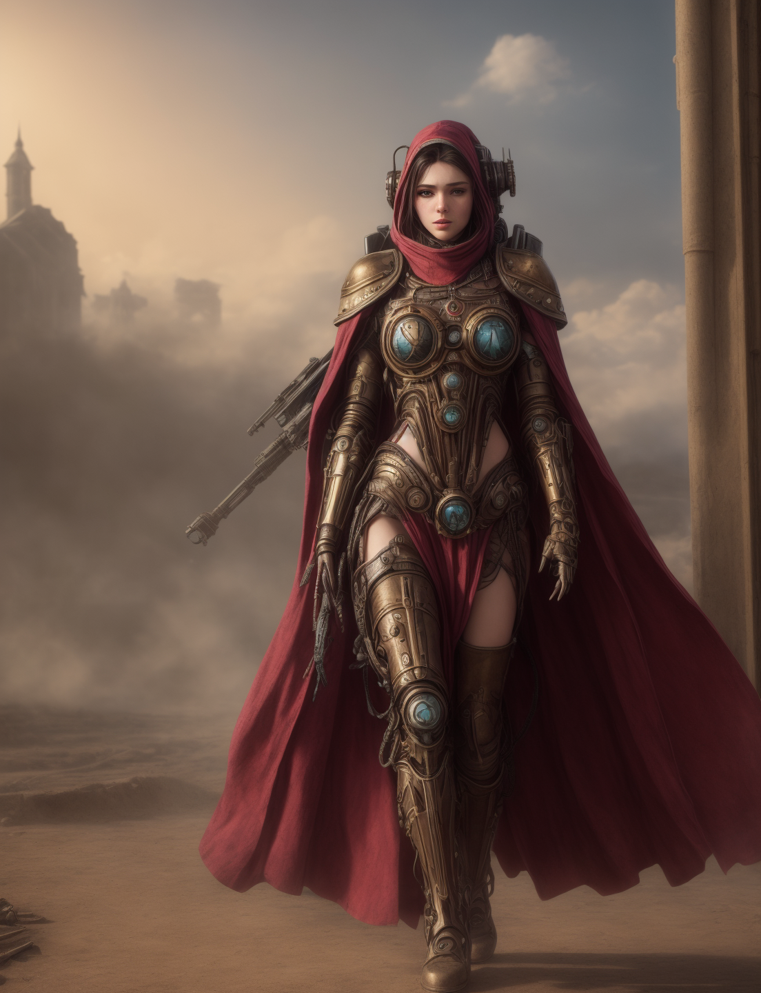 Ultra-realistic 8k CG, masterpiece, best quality, (very detailed face),masterpiece, best quality, 1girl, 20 years old, woman, colorful, (full body, wide shot),  <lora:more_details:0.8>  <lora:techpriest:0.8> mechanical arms, steampunk, hood, robe, techpriest, forgeworld, adeptus mechanicus,