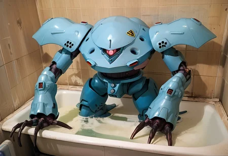 score_9, score_8_up, score_7_up, source_anime, front view, BREAK, ( hygogg, blue_hygogg_armor, pink monoeye, looking at viewer, leaning forward, long arms, hands on edge of tub, long claws) 1mech, wide mech, large shoulders, large shoulder armor, mech focus, solo, BREAK, bathroom, hygogg in bathtub, in water,
