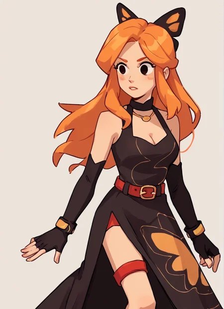 score_9, score_8_up, score_7_up, 1 girl , bpiper , orange hair, long hair, butterfly hair ornament, cleavage , black sleeveless dress,long dress, pelvic curtain, red thigh strap, belt , black elbow gloves, fingerless gloves <lora:bpiper-000004:1> <lora:Yagi_the_Goat_Style:1>by s1120411