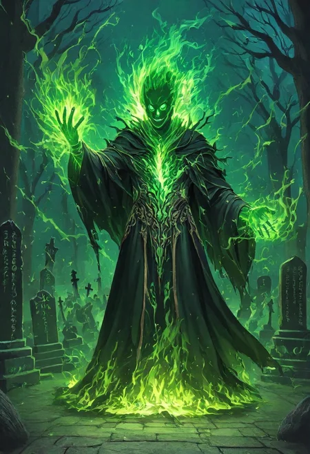 Masterpiece, best quality, highest detail, absurdres, solo, mage, necromancer, face on fire, green flame, intricate robe, green effects, casting spell, cemetery background, detailed background