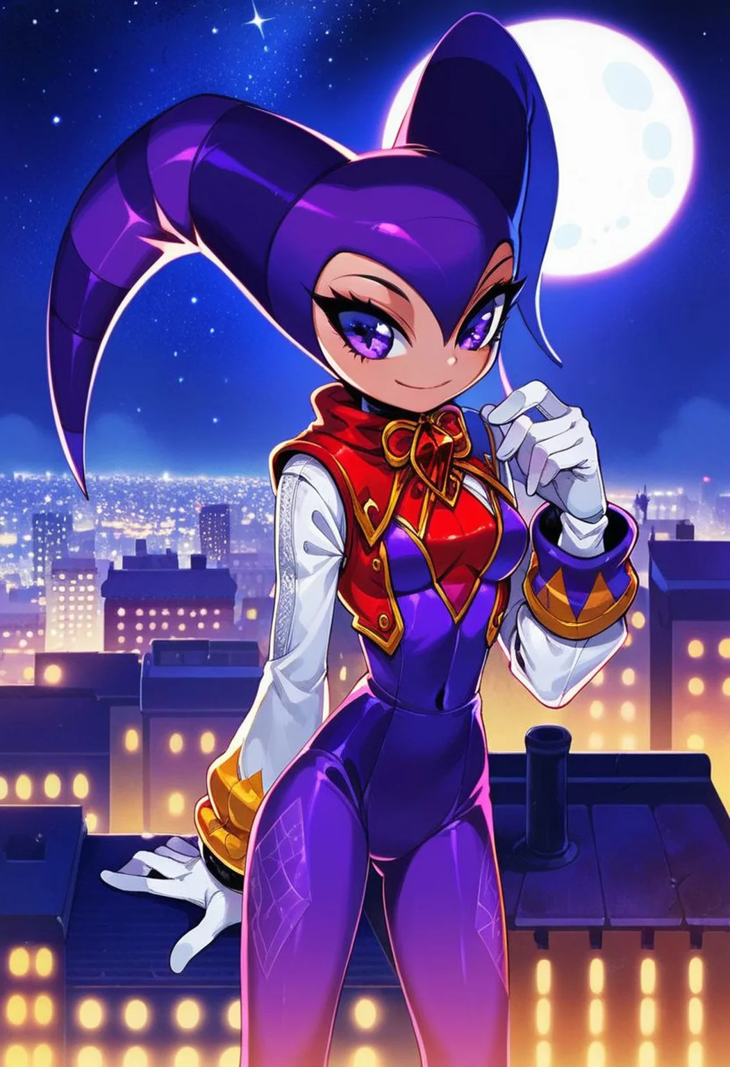 score_9, score_8_up, score_7_up, score_6_up, Nights, Jester, purple eyes, purple bodysuit, white sleeves, oval ruby on chest, white gloves, 1girl, city, rooftop, night time, moon, stars, standing on rooftop, (high res), (beautiful quality), official art, censored, hand behind back, realistic body,