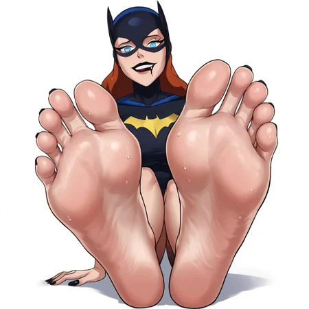 score_9, score_8_up, score_7_up, BREAK
, dynamic angle, pale skin, flat color,
completely white background, foot focus, perfect toes,curvy soles, smelly sweaty pink soles, big breasts, long sharp black toenail claws, legs flat on ground, solo, full body, sitting, cowboy shot, digital art, 1girl, solo, stupid expression on face, drooling, dumb, eyes crossed, ((close up pov feet)), feet together, barbara gordon