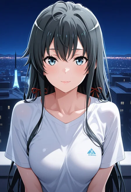 (Best quality , 8K , masterpiece) , Best illustration , Yukinoshita Yukino, 1girl, medium breasts, soft smile, detailed lips, soft lips, glossy lips, white t-shirts, ((looking for viewers)), tower, night
