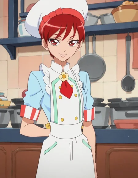 score_9, score_8_up, score_7_up, anime screencap, solo,1girl,kenjouakira, hat, apron, smile,buttons,light blue shirt,chef ,smile, looking at viewer, cowboy shot,wide hip,medium breasts,<lora:kenjouakira:0.8>