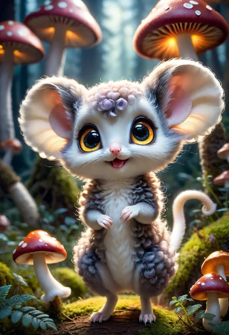 Mix the mushrooms, mouse and curly fur to create adorable magical creature with big glowing eyes, masterpiece, Surrealism, close-up, macro photo, f/1.2, backlighting, Albert Edelfelt, multicolored hair