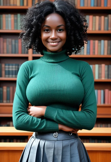 professional photography, an analog film photo of a beautiful 19yo ebony woman with black hair and black eyes wearing a skirt and a turtle neck green sweater,  african woman, curly hair, detailed, 8k, soft focus, 35mm  , young woman, smirking, front view, (((waist shot))), indoor, library,  arms crossed under chest,