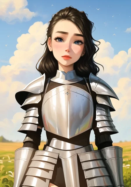 young woman, valkyrie armor, sky with clouds, art by sda_a3<hypernet:animeCharacter_smoAnythingV3:1>