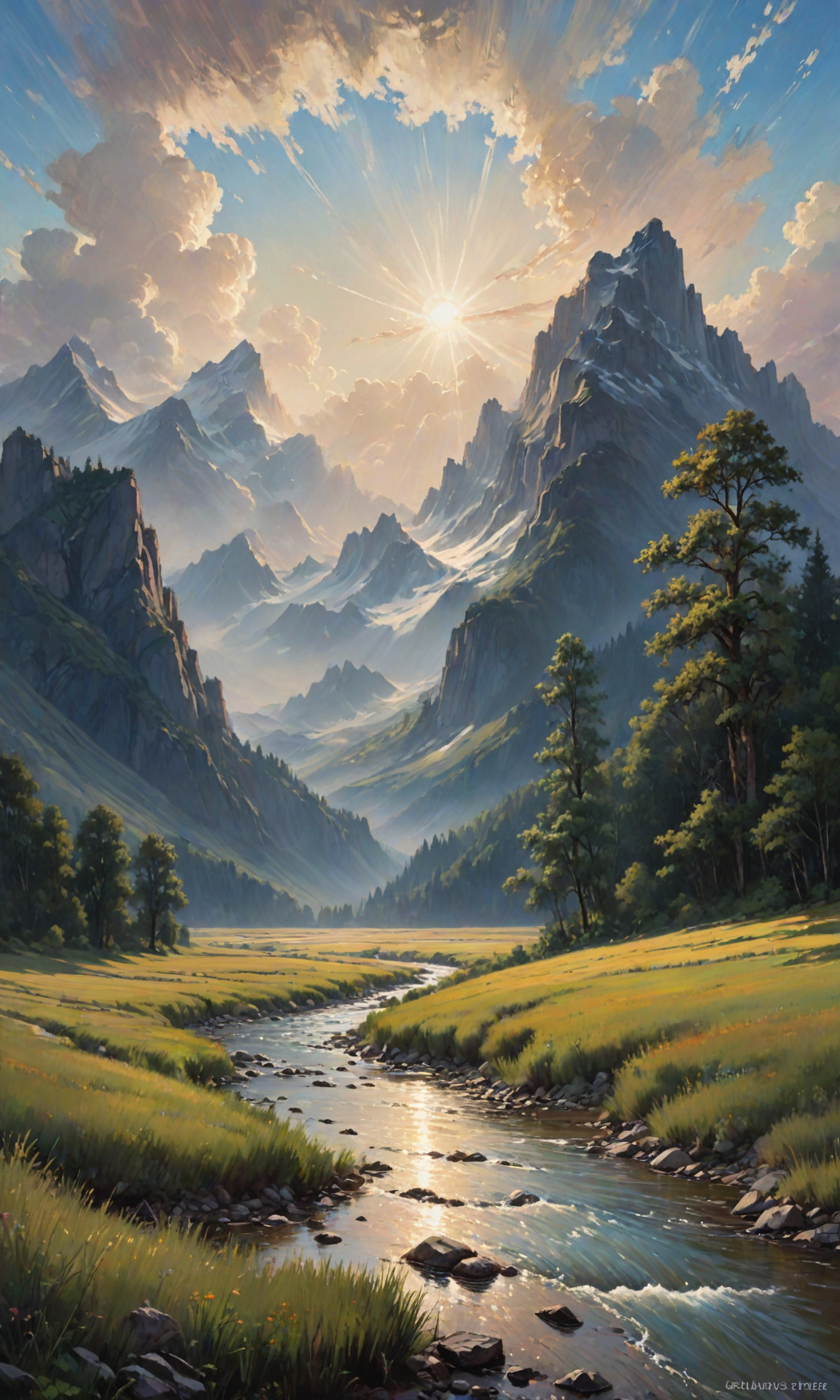 A beautiful landscape painting of an open field in summer, by John Berkey |"A majestic blue sky with clouds and a very beautiful cloud. The river is clear that you can see the mountains below. A white sun on top of the mountain peak above the trees at sunset dramatic sky lighting, oil painted by Raphael Lacoste and Greg Rutkowski, trending on ArtStation <lora:Fast:0.69>