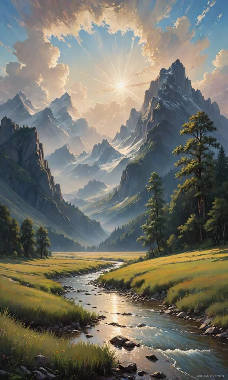 A beautiful landscape painting of an open field in summer, by John Berkey |"A majestic blue sky with clouds and a very beautiful cloud. The river is clear that you can see the mountains below. A white sun on top of the mountain peak above the trees at sunset dramatic sky lighting, oil painted by Raphael Lacoste and Greg Rutkowski, trending on ArtStation <lora:Fast:0.69>