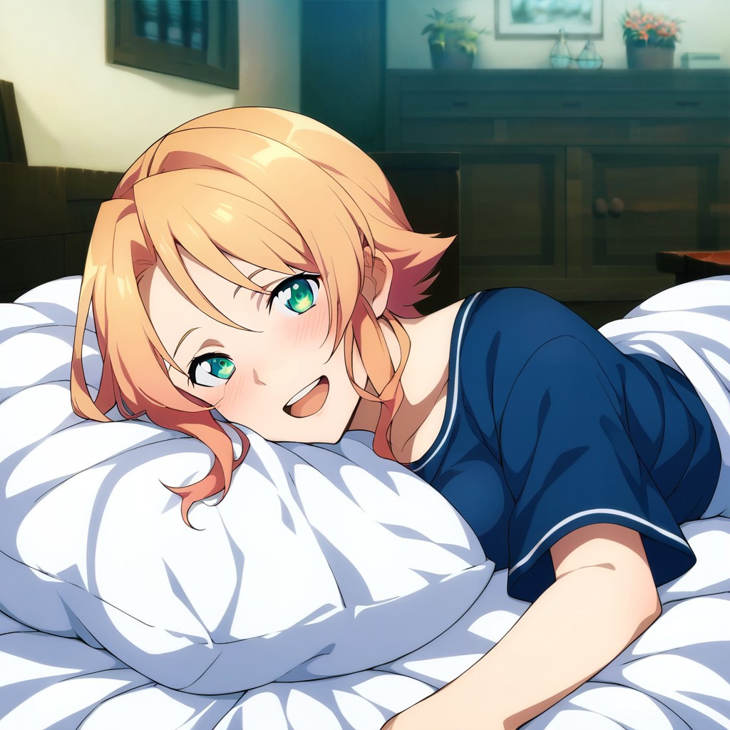 score_9, score_8_up, score_7_up, source_anime, pov across bed, POV, looking at viewer, blush, smile, open mouth, upper teeth only