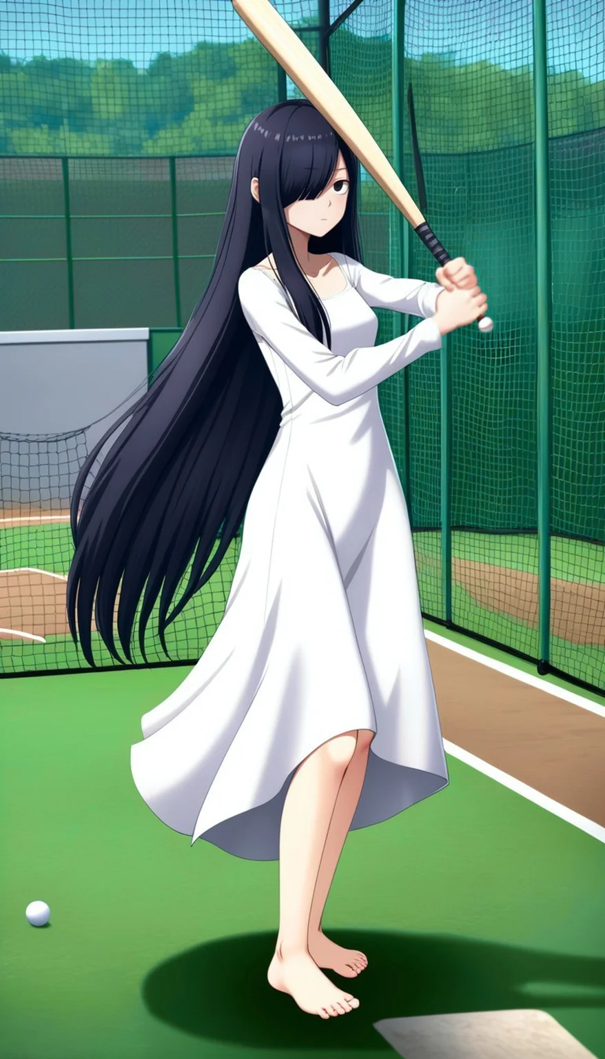 solo
(yamamura sadako:1.3),1girl,very long hair,straight hair,black hair,black eyes,(long bangs,hair over one eye:1.8), (jitome,tsurime:1.3), small breasts,(white spooky dress,simple dress,long sleeves:1.3),long dress,baseball bat, skinny, expressionless, barefoot, 
batting stance
batting cage,blurry background, green background,
[(realistic,3d:1)::0.1]
best quality, very aesthetic, absurdres, perspective, 
<lora:Fixhands_anime_bdsqlsz_V1:1:lbw=ALL:stop=10>,<lora:Batting_cage:1> 
zPDXL2