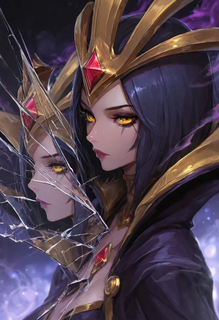 best quality, masterpiece, highly detailed,
bokeh,
leblanc from league of legends, close up, golden eyes, red gemstone, short hair, make up, yellow eyes, crown,
broken glass, smoke and mirrors, clones, twins, recursive reflections, repeating reflections, 3/4 profile