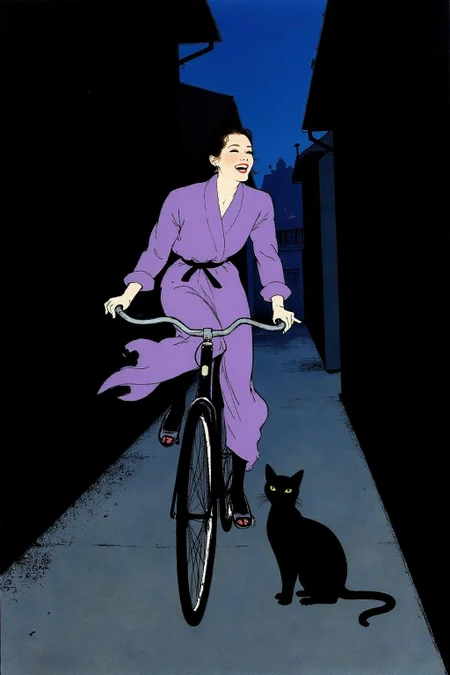 regr1 illustration. A Japanese school girl riding a old style bicycle through a narrow, quiet street at night. The happy woman wears a simple, flowing purple dress. In the corner, a small black cat with piercing eyes sits watching her quietly. The mood is tranquil and slightly magical. <lora:regr3_shoujo_nocap_d6a3:0.9><lora:808055585439297387:0>
