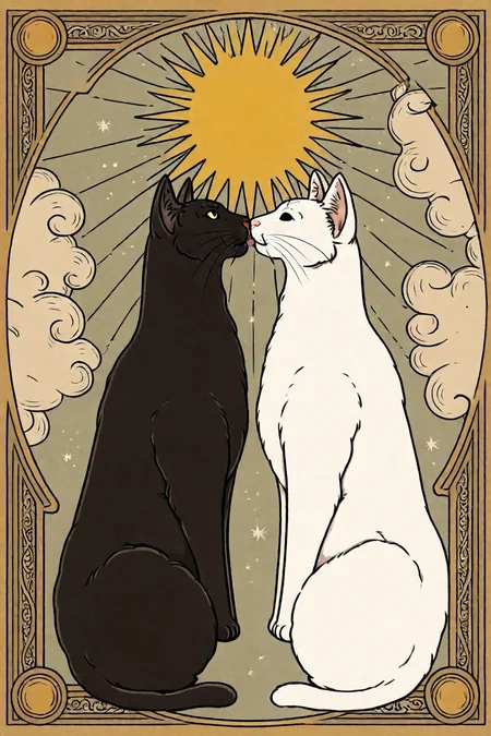 no humans, cat, white cat, black cat, sun, kiss, <lora:tarot_illustration_style_illustriousXL-000025:1>, tarot_illustration_style, masterpiece, highres
