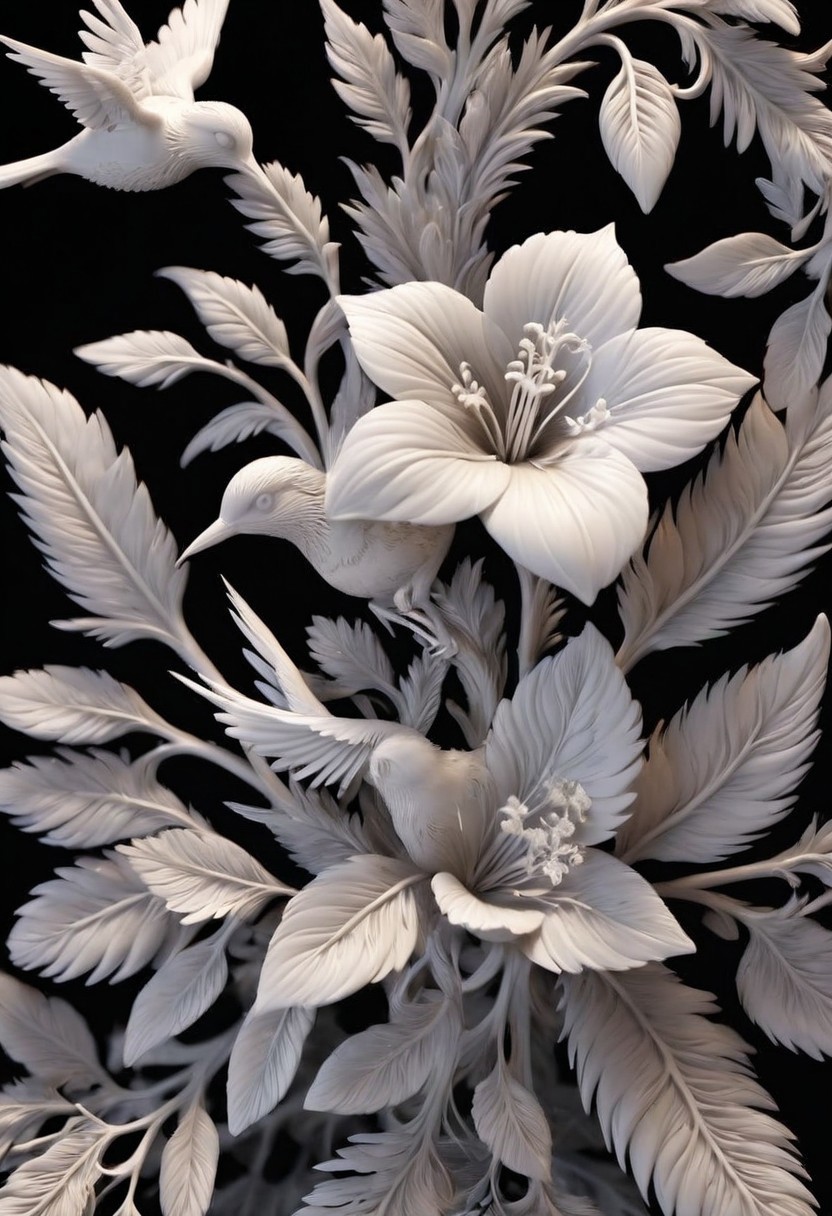 <lora:3DPrintingXL:1>,
masterpiece,(best quality),
official art,extremely detailed cg 8k wallpaper,
((crystalstexture skin)),(extremely delicate and beautiful),highly detailed,
WhiteMold, art style, 3d printed mold, flower, black background, simple background, bird, plant, no humans