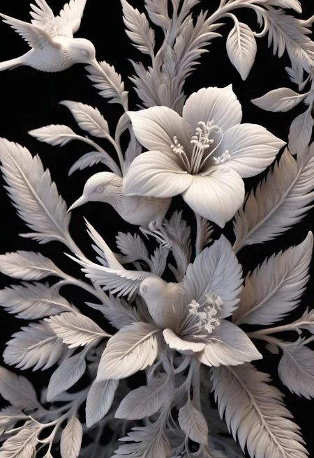 <lora:3DPrintingXL:1>,
masterpiece,(best quality),
official art,extremely detailed cg 8k wallpaper,
((crystalstexture skin)),(extremely delicate and beautiful),highly detailed,
WhiteMold, art style, 3d printed mold, flower, black background, simple background, bird, plant, no humans