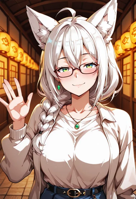 lazypos, girl focus, 1girl, virtual youtuber, animal ears, ahoge, solo, fox ears, glasses, braid, white hair, long hair, shirt, fox girl, hair between eyes, single braid, looking at viewer, sidelocks, jewelry, white shirt, blush, earrings, smile, animal ear fluff, green eyes, jacket, waving, blurry background, white jacket, open clothes, belt, open jacket, blurry, official alternate costume, niniastyle