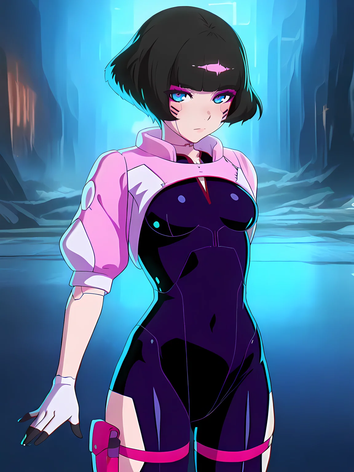 (masterpiece, very aesthetic, absurdres, best quality, high quality, cinematic shadow:1.4), body blush,character focus,perfect hands, small breasts,sidelocks, cowboy shot, <lora:HandFixer_pdxl_Incrs_v1:1> handfixer,looking at viewer,<lora:StS-Illustrious-Detail-Slider-v1.0:4>, <lora:sasha:1>,sasha,cyborg,short hair,bangs, black hair, makeup, blue eyes,sashadress,shrug \(clothing\), pink jacket, bob cut, black bodysuit, hip vent, white gloves, thigh holster, thigh strap,cybernetic,dynamic pose, outdoors,
