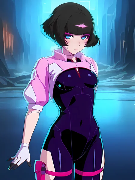 (masterpiece, very aesthetic, absurdres, best quality, high quality, cinematic shadow:1.4), body blush,character focus,perfect hands, small breasts,sidelocks, cowboy shot, <lora:HandFixer_pdxl_Incrs_v1:1> handfixer,looking at viewer,<lora:StS-Illustrious-Detail-Slider-v1.0:4>, <lora:sasha:1>,sasha,cyborg,short hair,bangs, black hair, makeup, blue eyes,sashadress,shrug \(clothing\), pink jacket, bob cut, black bodysuit, hip vent, white gloves, thigh holster, thigh strap,cybernetic,dynamic pose, outdoors,