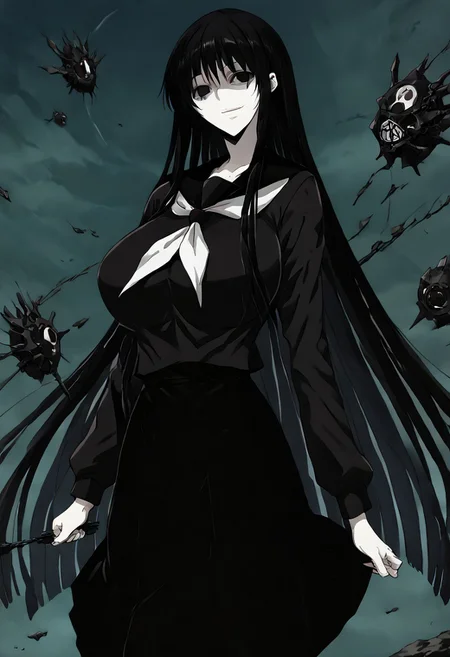 score_9, score_8_up, score_7_up, score_6_up, score_5_up, score_4_up, source_anime, 1girl, 1others, solo,
hagoromogitsune, smile, empty eyes, black hair, huge breasts, very long hair,
school uniform,black serafuku,serafuku,black shirt,black skirt,
masterpiece, best quality, very aesthetic, absurdres,