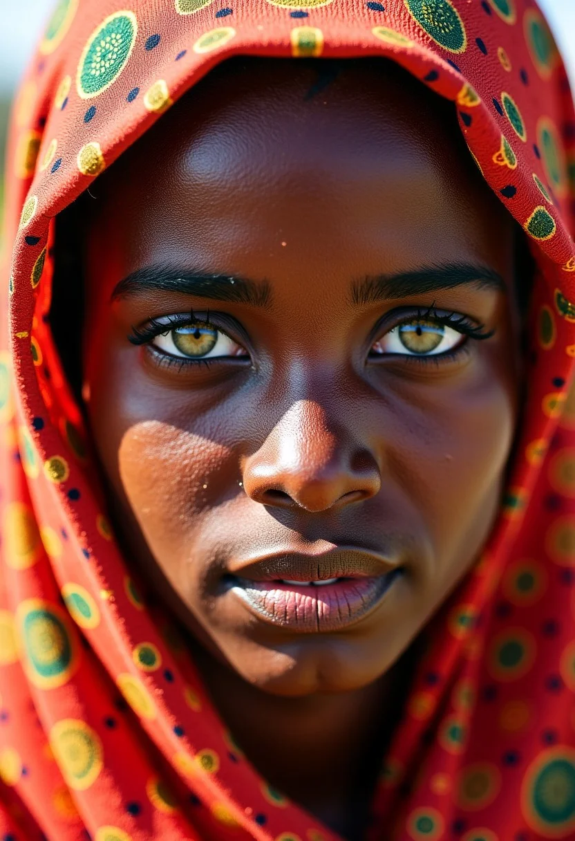 A breathtaking work of fine art photography, inspired by the iconic style of Steve McCurry, portrays a powerful portrait of a young Somali woman with striking green eyes. This cultural snapshot captures the essence and humanity of its subject through emotive imagery that transcends mere documentation. Rich colors burst from every corner of the frame, as if harkening to the vivid textiles and warm tones typical of the region's culture. The image was captured on analog film, imbuing it with a natural grain reminiscent of Kodachrome film stock. Intricate details abound in this masterpiece a from the delicate patterns adorning the woman's traditional headdress to the subtle wrinkles around her eyes that speak volumes about her life and experiences. The image is insanely detailed, yet maintains an organic feel through its use of natural lighting and expert compositional techniques, evoking a sense of intimacy and connection with the subject. This award-winning photography showcases the power of film as a medium for capturing not just images, but moments steeped in emotion and human storytelling.