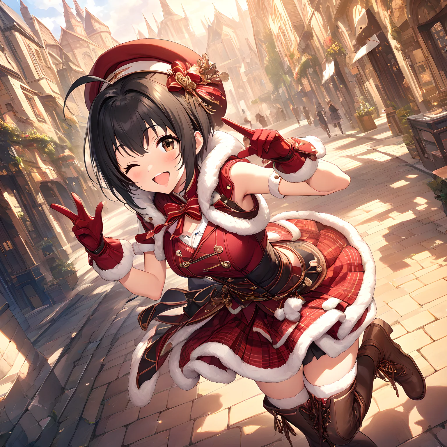 (masterpiece),(best quality),(ultra-detailed),(best illustration),(best shadow),(absurdres),(detailed background),(very aesthetic), miho kohinata, 1girl, solo, one eye closed, black hair, gloves, short hair, ahoge, boots, hat, thighhighs, skirt, smile, fur trim, open mouth, red gloves <lora:Miho_Kohinata:1>