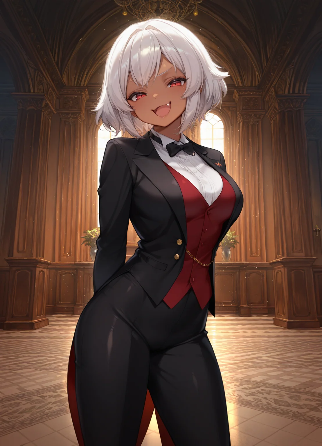 masterpiece, best quality, amazing quality, very aesthetic, absurdres, newest, scenery,extreme detail, 8k, light particles, soft lighting, volumetric lighting, intricate details, finely detailed, detailed eyes, 1girl, solo, vampire, white hair, dark-skin, dark skinned female, (tailcoat,tuxedo,frock coat:1.2), thighhighs, looking at viewer, standing, red eyes, mansion,bedroom, trousers,shirt,vest, smug, smirk, shiny skin, (medium breasts:1.3), thick, fang, half-open mouth,
<lora:Kokonattsu_style:1>
