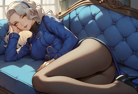 score_9, score_8_up, score_7_up, source_anime, 1girl, looking at you, smile, <lora:zs_MargaretXL:1> margaretp4, long hair, yellow eyes, headband, dress, long sleeves, black pantyhose, high heels, large breasts, ass, lipstick, lying on side, indoors, blue couch, blue walls