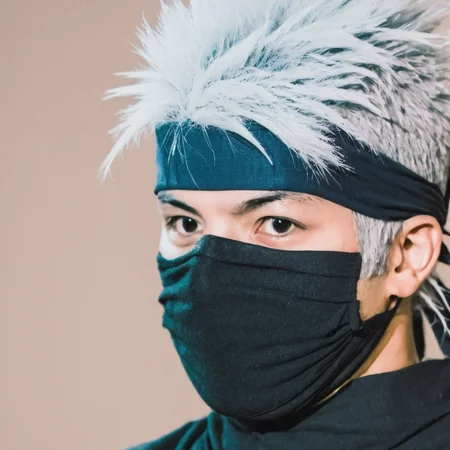 portrait photograph of Kakashi Hatake with spiky hair wearing ninja face mask, wearing konoha headband, watching a concert, Zenit 35mm